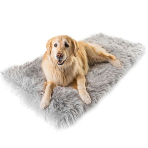 A golden retriever laying on a furry rectangular grey orthopedic dog bed 