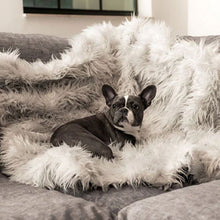A tiny french bulldog laying on a furry grey waterproof dog blanket on top of a grey couch 