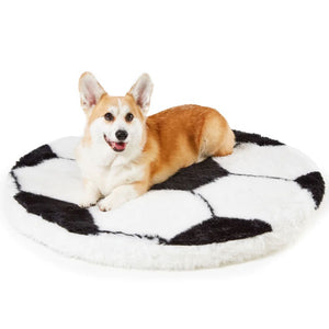 A corgi laying on a soccer ball shaped dog bed 