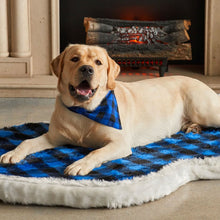 A golden retriever wearing a blue bandana on its neck laying on a blue and black checkered dog bed in front of a fireplace