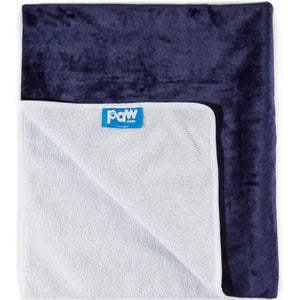 A waterproof blue velvet colored dog blanket folded almost half showing a logo of paw.com in white background
