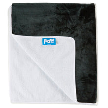 A green velvet waterproof dog blanket almost folded in half showing a logo of paw.com in white background 