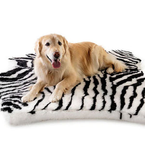 A golden retriever laying on a curved soft furry zebra printed dog bed