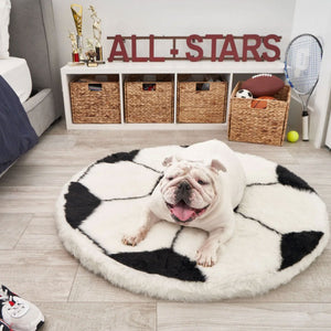 A white english bulldog in a room next to a  pair of shoe and a bed laying in front of a drawer with a basket full of toys and a tennis racket on a soccer ball shaped dog bed 