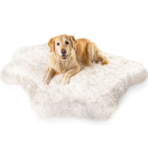 A golden retriever laying on a color white dog bed that looks like a polar bear hide facing front