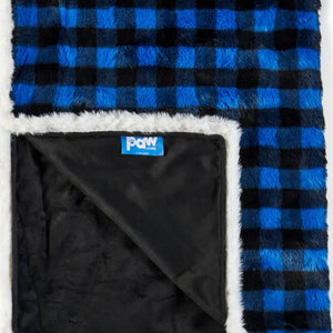 An image of a waterproof blue and black checkered pattern dog blanket folded on the edge showing a logo of paw.com