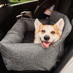 A corgi sticking his tongue out laying on a grey dog bed in the backseat of a car