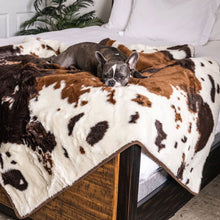 A french bulldog on a wooden bed with white foam laying on a brown cowhide patterned waterproof dog blanket and a plant on the background