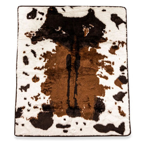A top view image of a waterproof brown cowhide patterned waterproof dog blanket