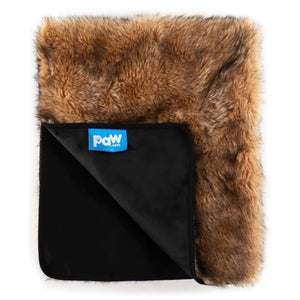A sable tan waterproof dog blanket almost folded on half showing a logo of paw.com in black background 