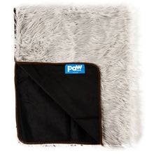 A furry grey waterproof dog blanket almost folded in half showing the logo of paw.com in black background 