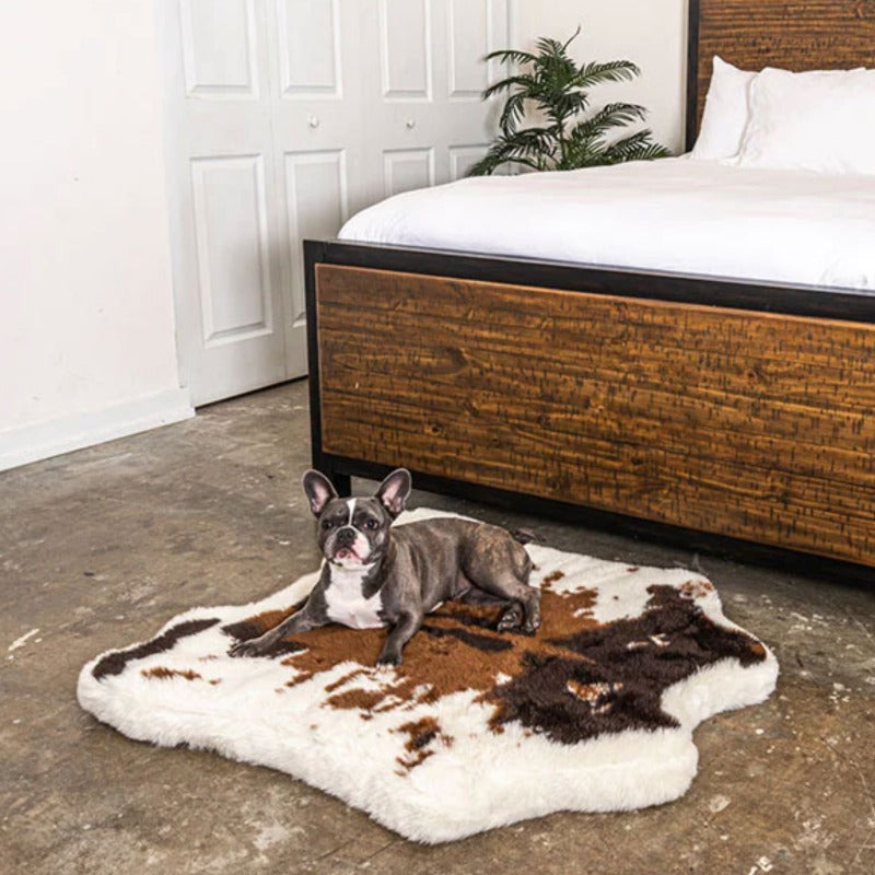 A French bulldog laying on a soft furry white dog bed with dark brown and tan cow hide pattern next to a wooden bed with black frames and white foam and pillows and a white door inside a modern room
