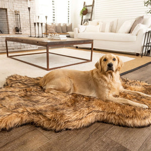 A golden retriever on a modern living room laying on a furry sable tan dog bed with a wooden table , white couch and a fire place next to it 