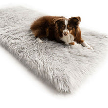 An australian sheppered laying on a rectangular shaped grey dog bed 