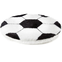 A full view of a soccer ball shaped dog bed