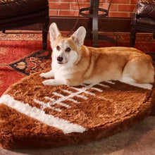A corgi on the floor with a carpet laying on football shaped dog bed next to two brown leather chairs 