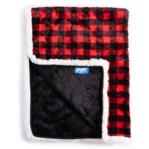 A red and black checkered pattern waterproof dog blanket almost folded in half showing a logo of paw.com in black background 