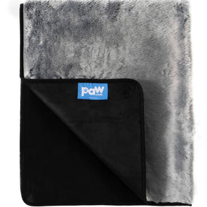 A picture of a waterproof grey dog blanket almost half folded showing a logo of paw.com