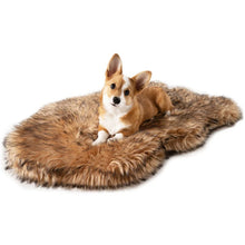 A corgi laying on a furry sable tan colored dog bed 