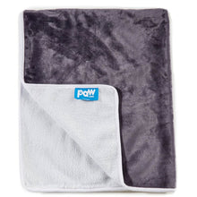 A grey velvet waterproof dog blanket almost folded in half showing the logo for paw.com in white background