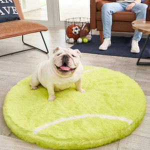 A white english bulldog sitting on a tennis ball shaped dog bed in front of a man sitting on a brown couch with a bin full of toys next to it 