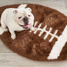 A top view of a football shaped dog bed with a white english bulldog sitting on it 