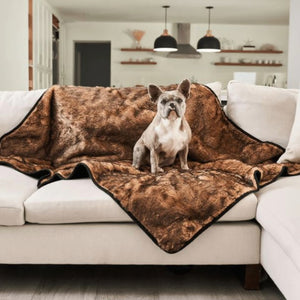 a french bulldog sitting on top of a brown dog blanket in an L shaped white couch in an all white modern room setting