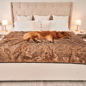 a golden retriever sleeping on a brown dog blanket on top of a white bed in a modern bedroom
