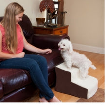 A poodle standing in Pet Gear Easy Step II Deluxe Soft Step, Oatmeal/Chocolate next to a brown leather couch and a lady in pink 