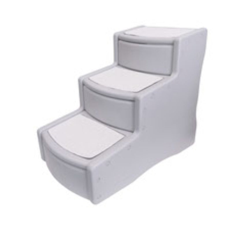 A side view of a three step dog stairs in grey