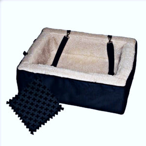 top view image of a booster car seat and dog bed 