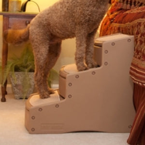 A close up image of a furry dog standing on a three step dog stairs next to a pot of flower under a wooden table 