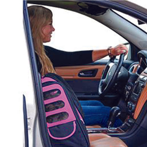 a close up image of a lady in black driving a care next to her dog in a -in-1 Pet Carrier [Backpack/Tote/Roller Bag/Carrier/Car Seat Pink