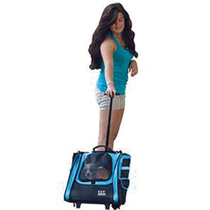 a lady walking her dog inside a 5-in-1 Pet Carrier [Backpack/Tote/Roller Bag/Carrier/Car Seat], Ocean Blue