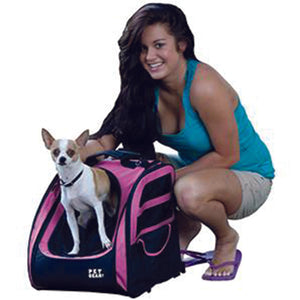 a lady sitting next to her dog that is standing on a 5-in-1 Pet Carrier Backpack/Tote/Roller Bag/Carrier/Car Seat,Pink