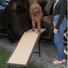 a lady wearing black standing next to a black car watching her dog get off the car through a standing dog ramp