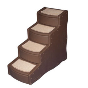 A close up image of a four step dog stair chocolate colored