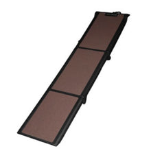 A full view image of a trifold dog ramp in brown