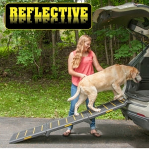 a lady in pink assisting her dog get in the car through a reflective tri fold ramp