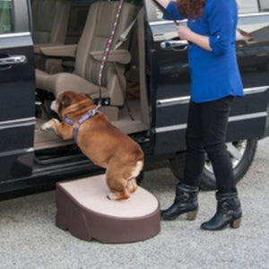 an image a lady in blue assisting her dog getting on a black van through a Pet Gear One Step, Chocolate 