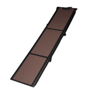 A full view image of a trifold dog ramp in  chocolate color