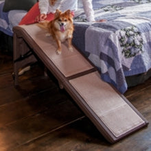a pomeranian sitting on a chocolate colored ramp next to a bed and a lady wearing and orange pants