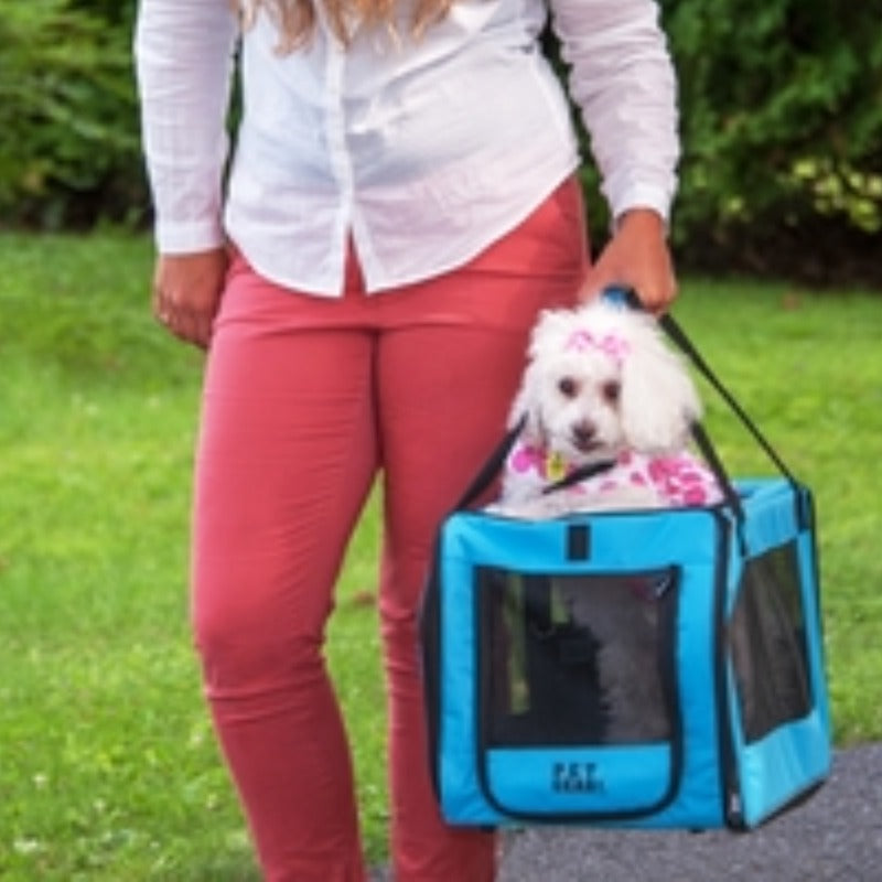 a lady walking outdoors carrying her dog on an Aqua Signature Car Seat & Carrier 