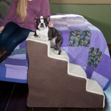 A tiny dog sitting on a four step dog stair next to a lady sitting in the bed 