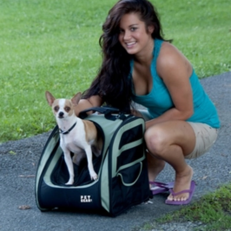 a lady sitting next to her dog inside a 5 in 1 dog traveler , sage in the park