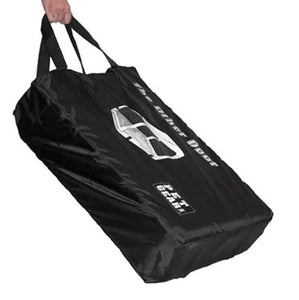 a black steel dog crate carrying bag being held by a hand