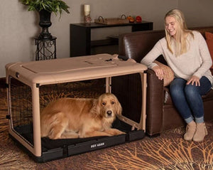 a happy woman sitting on a leather couch starring at her dog inside a large tan dog steel crate laying on a bolster pad in a modern living room with bookshelf at the back and flower pot