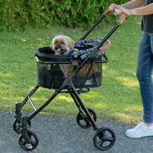 a woman walking her cute fluffy dog in an animal printed dog stroller in the park