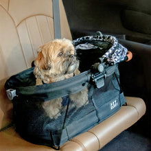 a fluffy dog sticking his head out of an animal printed dog carrier that is tucked at the backseat of the car