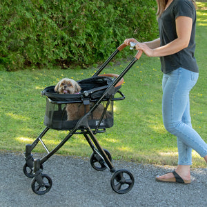 a woman walking her dog in a black dog stroller in the park